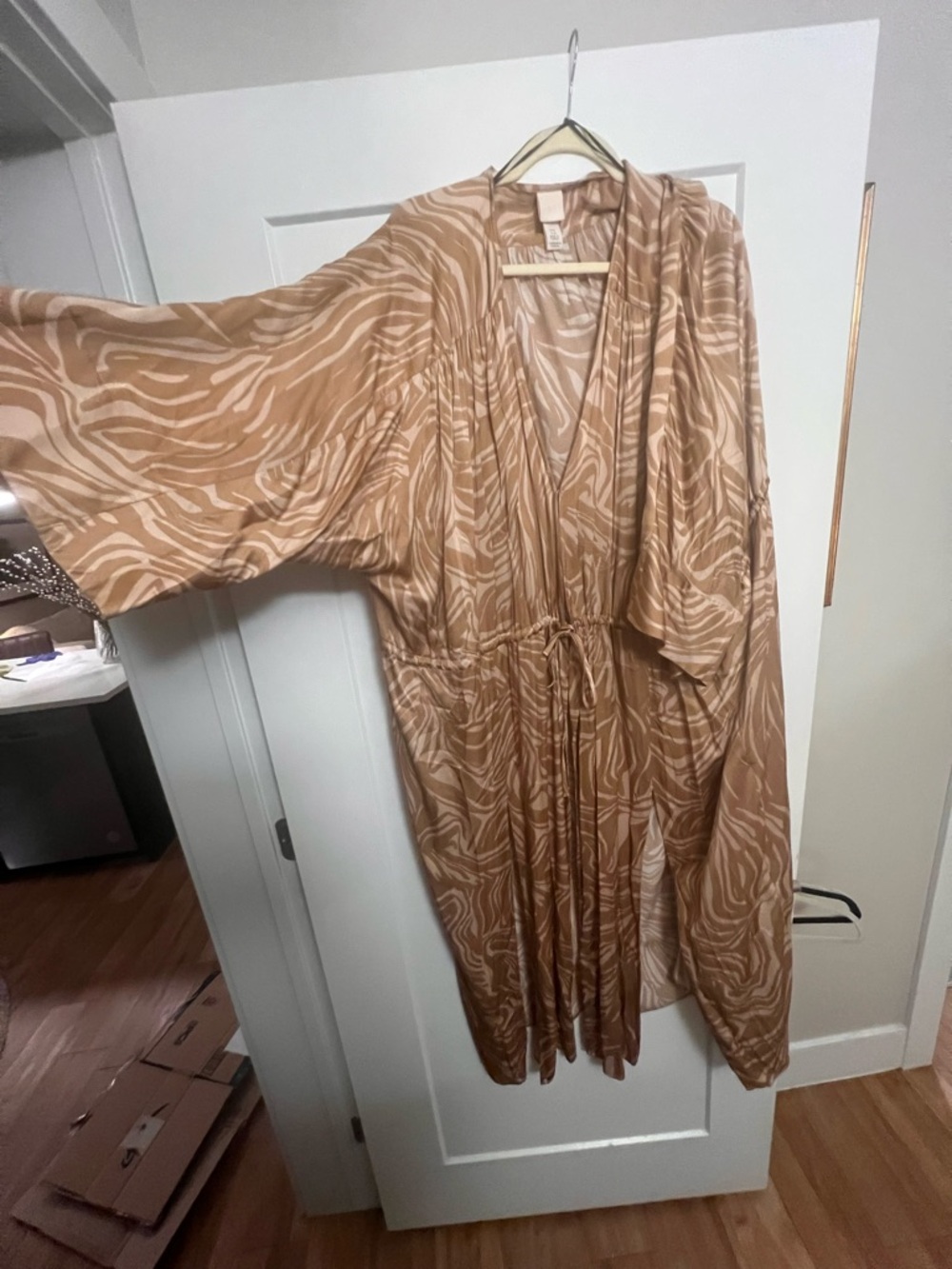 Tan Zebra-Print Kimono with tie front